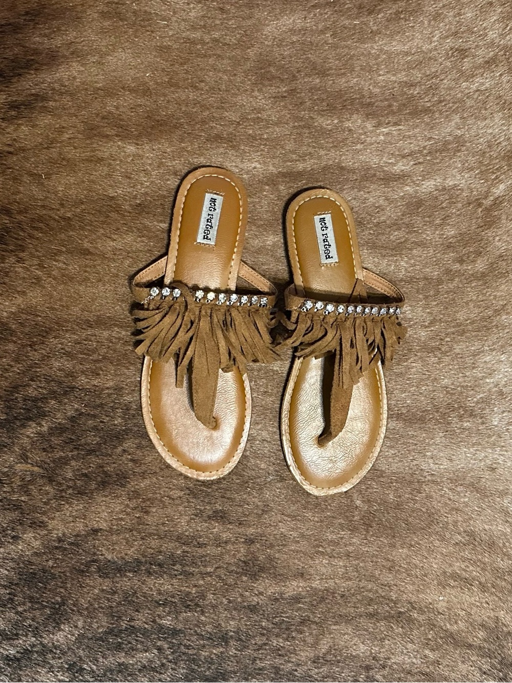 Not Rated “Peppy” Suede Fringed Sandals with crystal embellishments size 8
